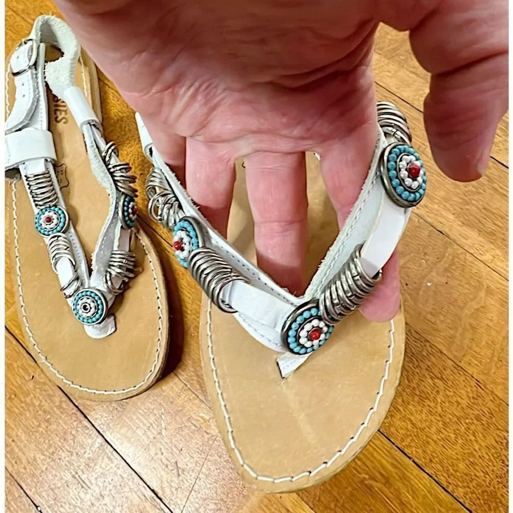 Mootsies Tootsies White All Leather Boho Beaded Sandals Size 8
